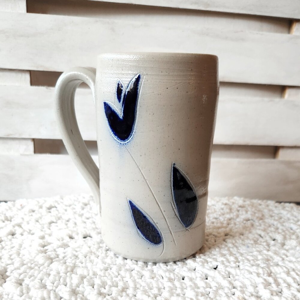 Williamsburg Pottery Tall Cobalt Flower Blue Leaves Mug Salt Glaze Coffee Cup